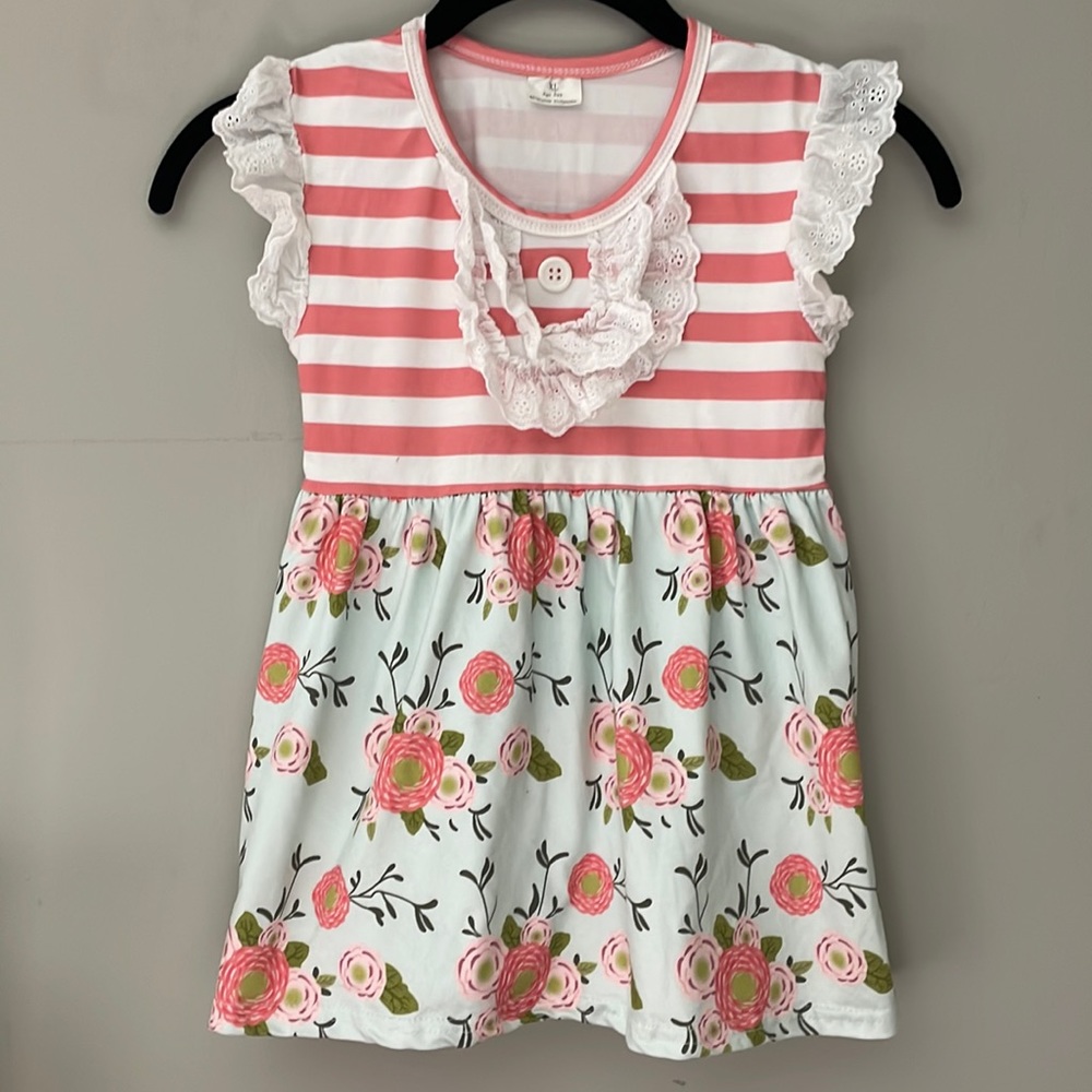 GIRLS STRIPE & FLOWER PATTERN LACE DETAIL DRESS